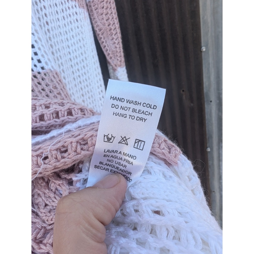 Womens Open Knit Cardigan Size Medium Pink Stripe Crochet Nautical Beach Coastal - Picture 5 of 9